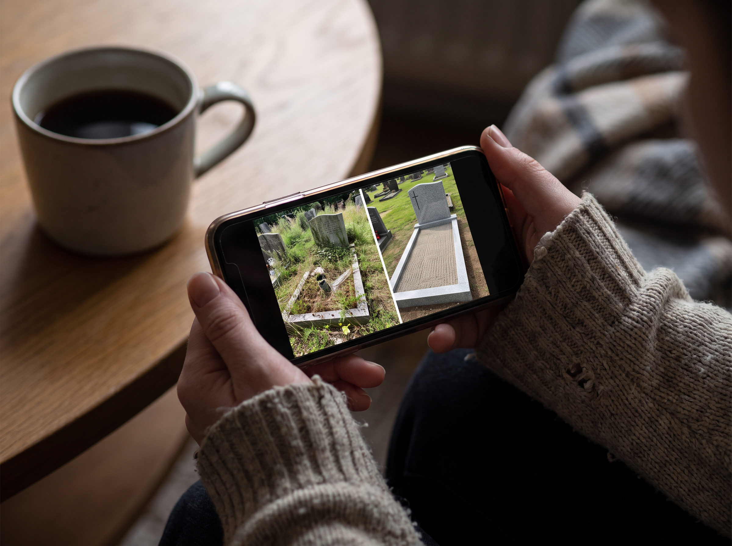 写真付き作業報告をスマートフォンで確認する様子